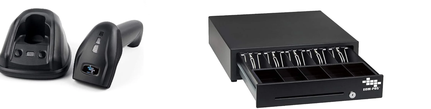 The EOM-POS Clover-Compatible POS Hardware Bundle includes a black barcode scanner with charging base and a cash drawer with bill and coin compartments—ideal additions to your Clover system.