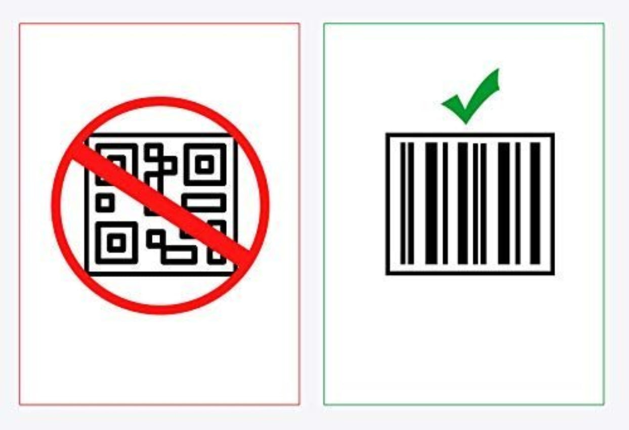 A QR code with a red prohibition sign is on the left, while a green check mark and an EOM-POS Wireless 1D Barcode Scanner on the right show barcodes are allowed, but QR codes are not. Compatible with Windows, Mac, and Clover.