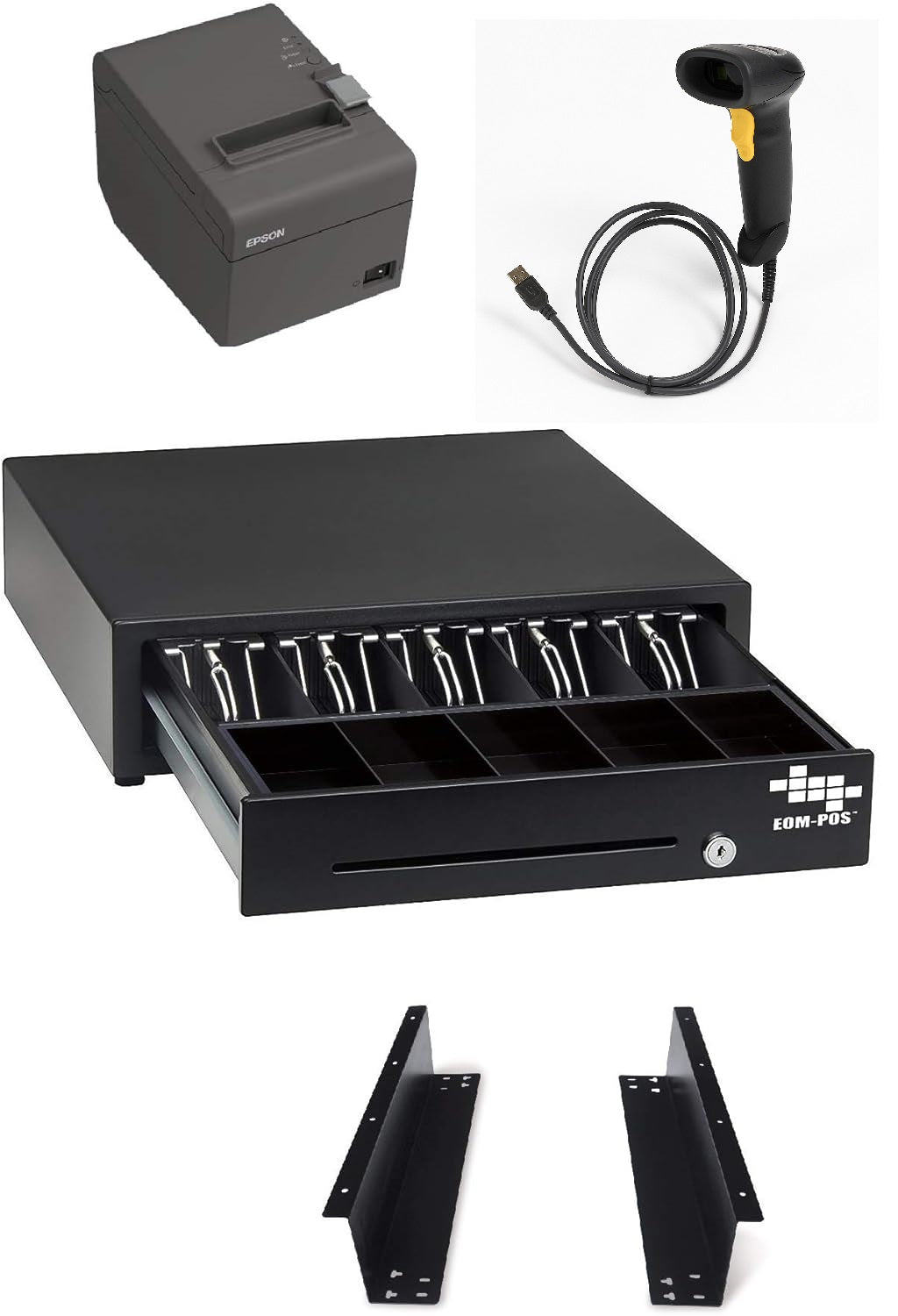 The EOM-POS Square-Compatible POS Hardware Bundle includes a receipt printer, cash drawer with bill and coin slots, optional barcode scanner, and two metal brackets—all shown on a white background.