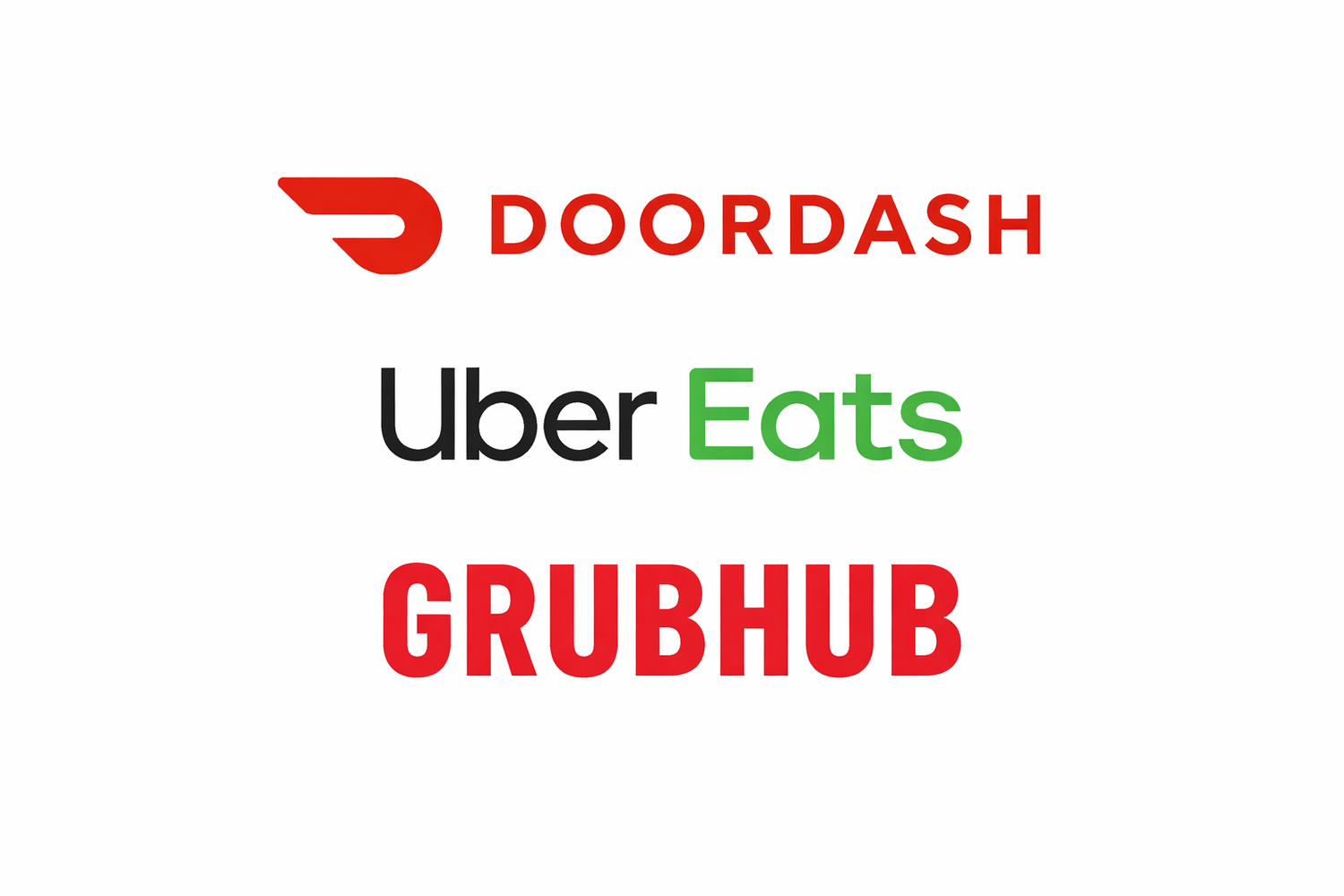 Logos of three food delivery services: DoorDash in red, Uber Eats with Uber in black and Eats in green, and Grubhub in bold red text, all on a white background.
