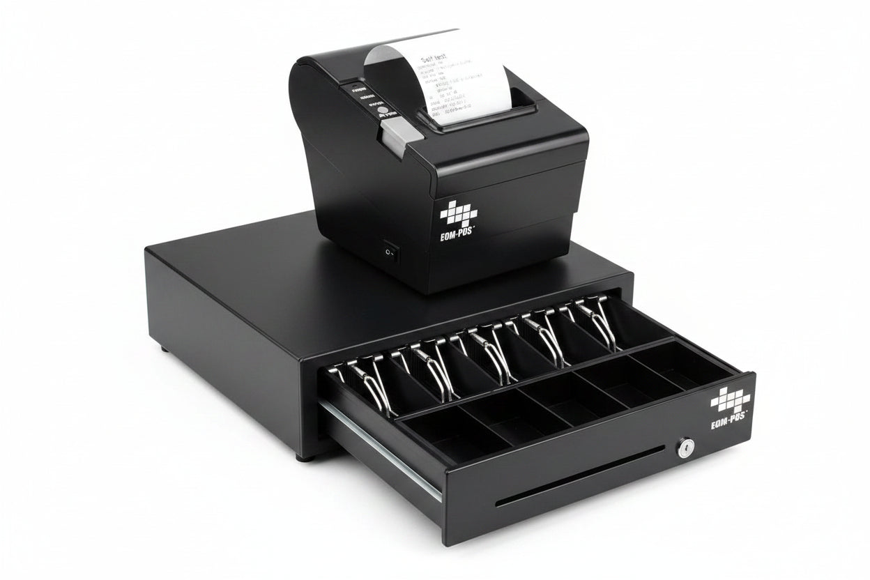 The EOM-POS Windows-Compatible POS Hardware Bundle features a receipt printer displaying a printed slip next to a cash drawer with coin and bill compartments, offering a reliable checkout solution on a white background.