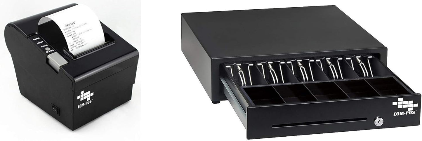 The EOM-POS Windows-Compatible POS Hardware Bundle features a receipt printer displaying a printed slip next to a cash drawer with coin and bill compartments, offering a reliable checkout solution on a white background.