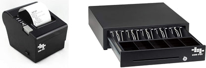 The EOM-POS Windows-Compatible POS Hardware Bundle features a receipt printer displaying a printed slip next to a cash drawer with coin and bill compartments, offering a reliable checkout solution on a white background.