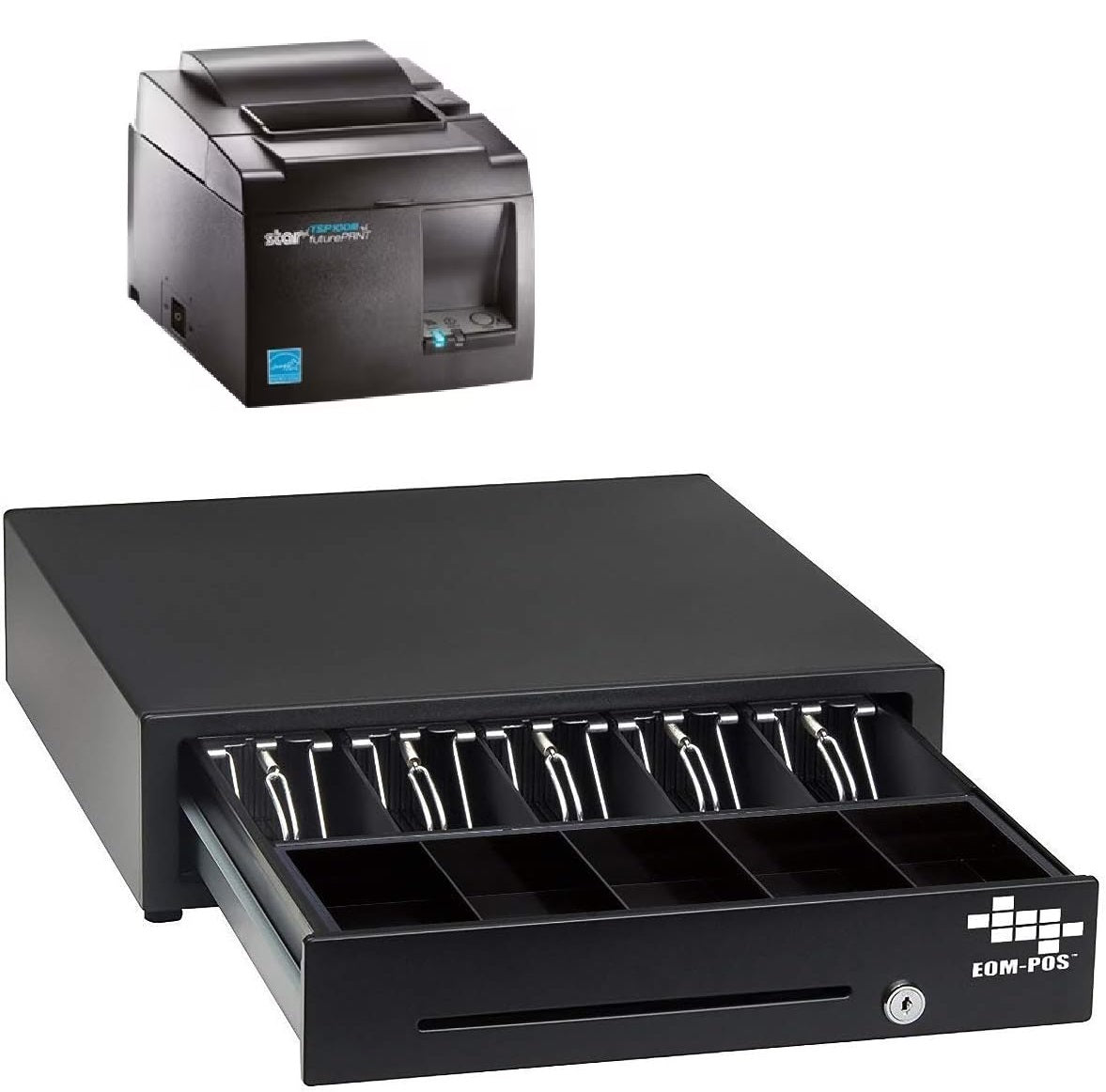 An EOM-POS Clover-Compatible POS Hardware Bundle, featuring a partially open cash drawer with coin and bill compartments, is shown with the receipt printer positioned above it.