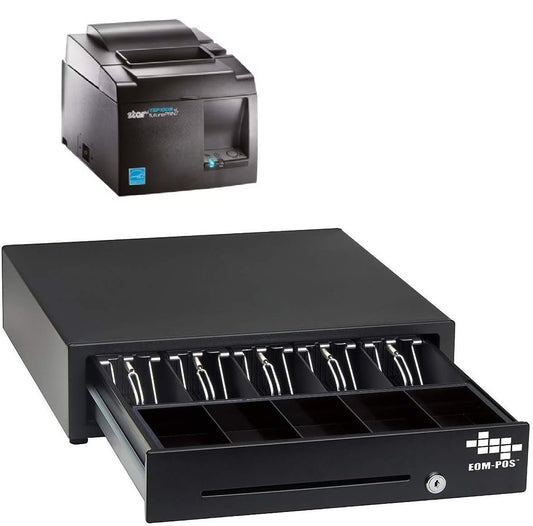 An EOM-POS Clover-Compatible POS Hardware Bundle, featuring a partially open cash drawer with coin and bill compartments, is shown with the receipt printer positioned above it.
