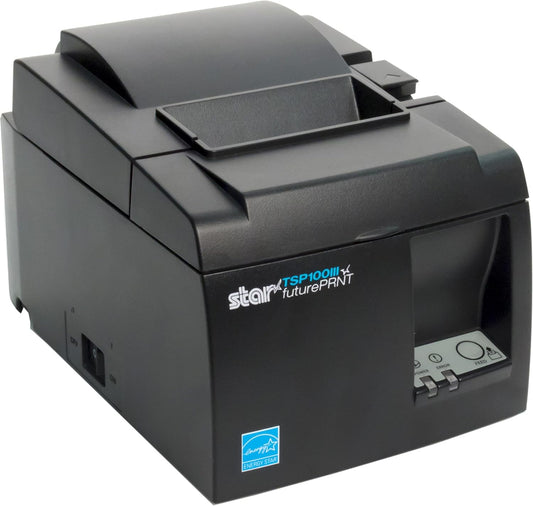 A black EOM-POS Receipt Printer for Doordash/Uber Eats/Grubhub sits on a white background, showing its control panel, paper slot, and power switch. Ideal for food delivery orders.