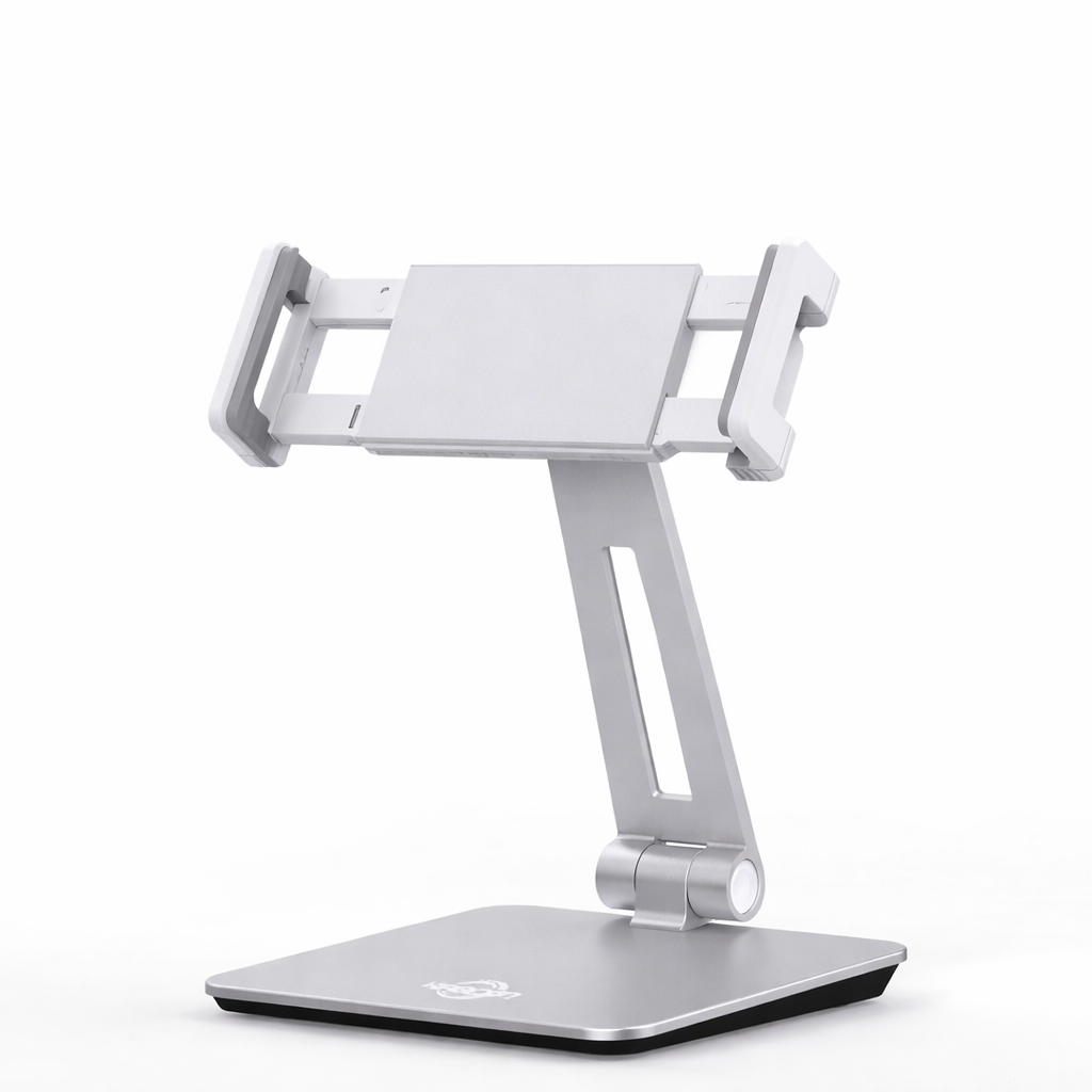 The EOM-POS POS stand for iPad and Tablets features a silver adjustable design with a sturdy base and cushioned side grips, ideal as an iPad or tablet stand, shown on a plain white background.