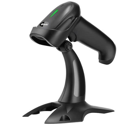 The EOM-POS Wireless Barcode Scanner For Shopify POS is a black handheld Bluetooth scanner on a stand, with a USB receiver and charging cable. It features a green indicator light and is ideal for Android devices or Shopify POS systems.