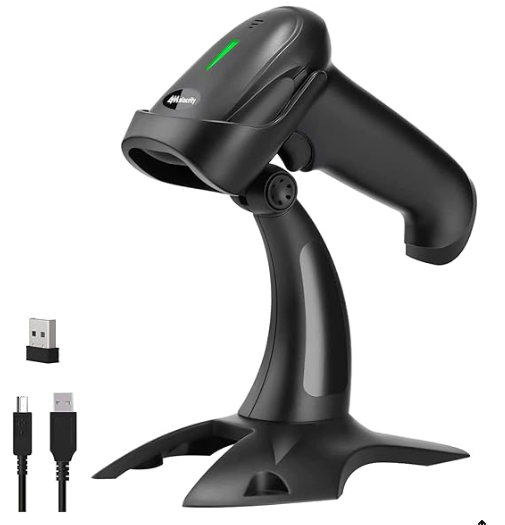 The EOM-POS Scanner For Shopify POS is a black handheld Bluetooth barcode scanner with a green indicator light, shown on a stand with USB cable and wireless receiver—ideal for Shopify POS systems.