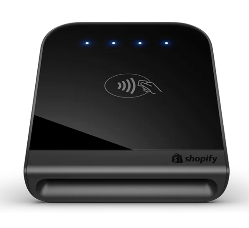 The EOM-POS Shopify Tap & Chip Card Reader is a sleek black device with four blue indicator lights, a contactless payment symbol, and a chip card slot for fast, secure transactions.
