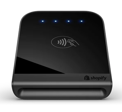 The EOM-POS Shopify Tap & Chip Card Reader is a sleek black device with four blue indicator lights, a contactless payment symbol, and a chip card slot for fast, secure transactions.