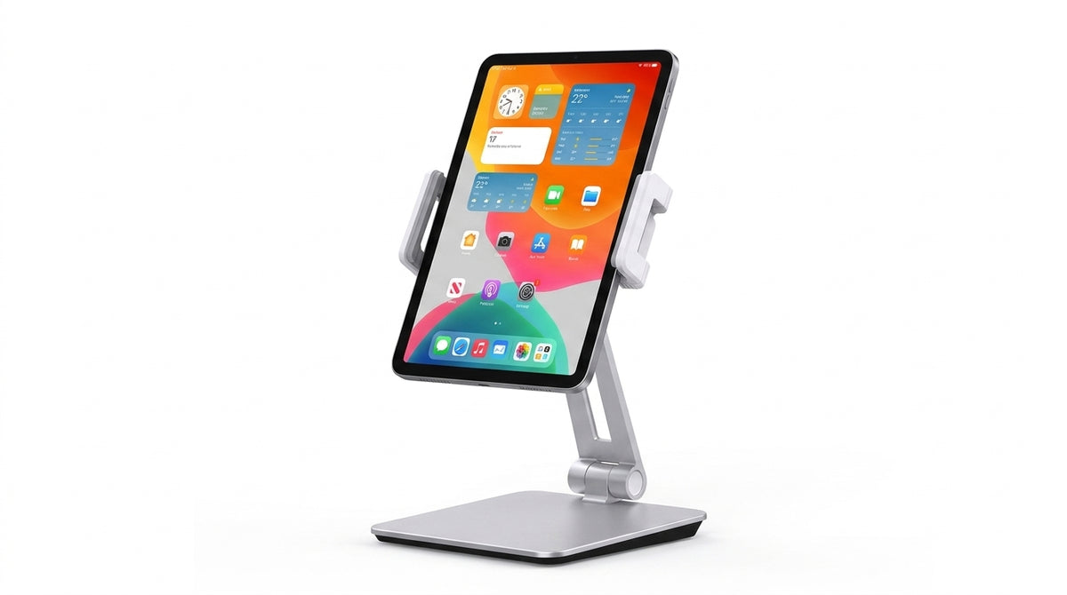 Tablet mounted on the EOM-POS POS stand for iPad and tablets