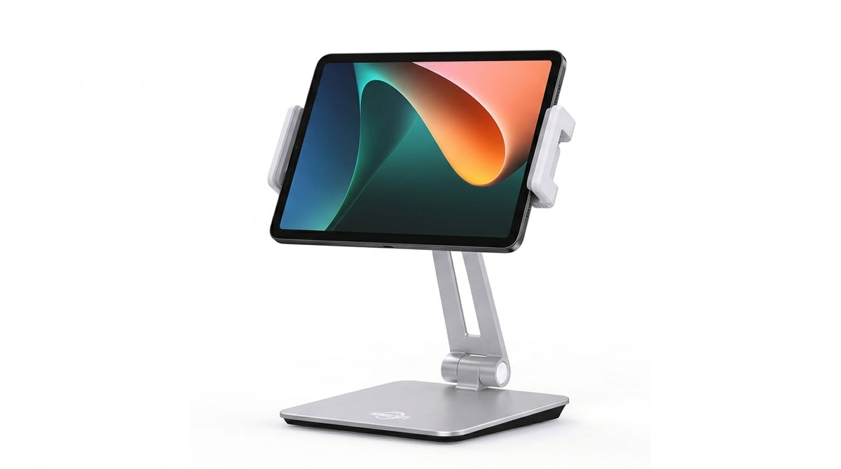 Tablet mounted on the EOM-POS POS stand for iPad and tablets