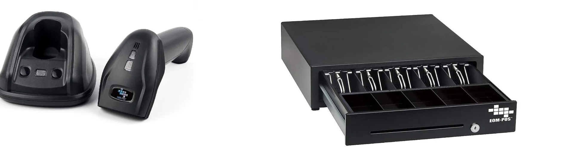 The EOM-POS Clover-Compatible POS Hardware Bundle includes a black barcode scanner with charging base and a cash drawer with bill and coin compartments—ideal additions to your Clover system.