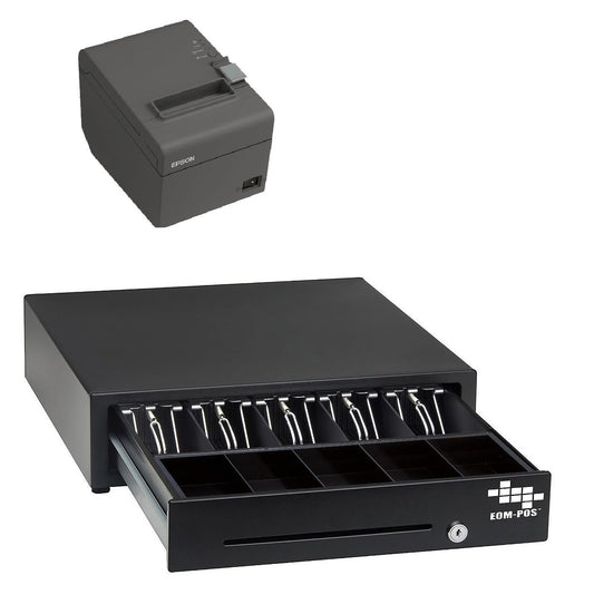 The EOM-POS Square-Compatible POS Hardware Bundle, featuring a cash drawer with coin and bill slots and a compact USB receipt printer, is shown open and placed on a white background.