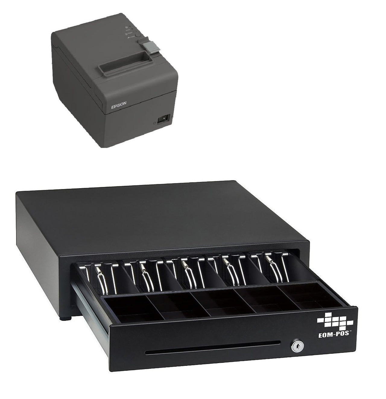 The EOM-POS POS Hardware Bundle—featuring a black cash drawer with slots and a gray USB receipt printer—is perfect for Square Register or Stand, shown open against a white background.