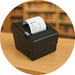 An EOM-POS Windows-Compatible POS Hardware Bundle, featuring a black receipt printer and cash drawer, sits on a wooden counter printing a receipt. Blurred shelves of books appear in the background behind this essential POS setup.