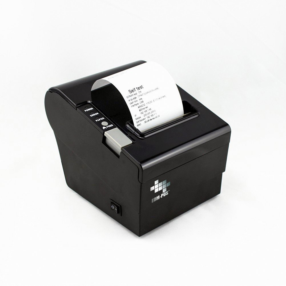 A black EOM-POS Thermal Receipt Printer (Ethernet, USB, Serial) with auto-cutter prints a receipt atop a white surface—ideal for any Windows-based POS system.