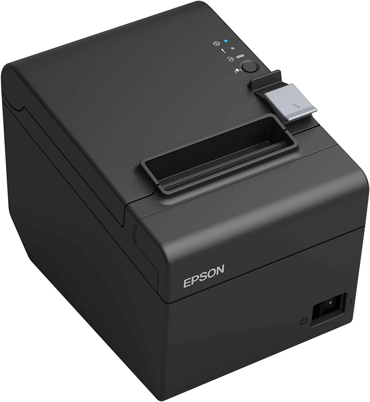 The Epson Thermal Receipt Printer for Square Register and Square Stand in black features a USB interface, indicator lights, paper feed slot, and visible power port, shown on a white background.