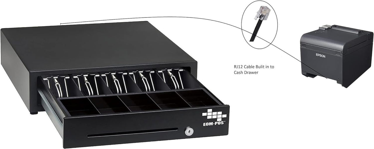 The EOM-POS POS Cash Drawer – Compatible with Clover features an open tray for bills and coins, connects via built-in RJ12 cable to an Epson receipt printer, making it perfect for POS systems.