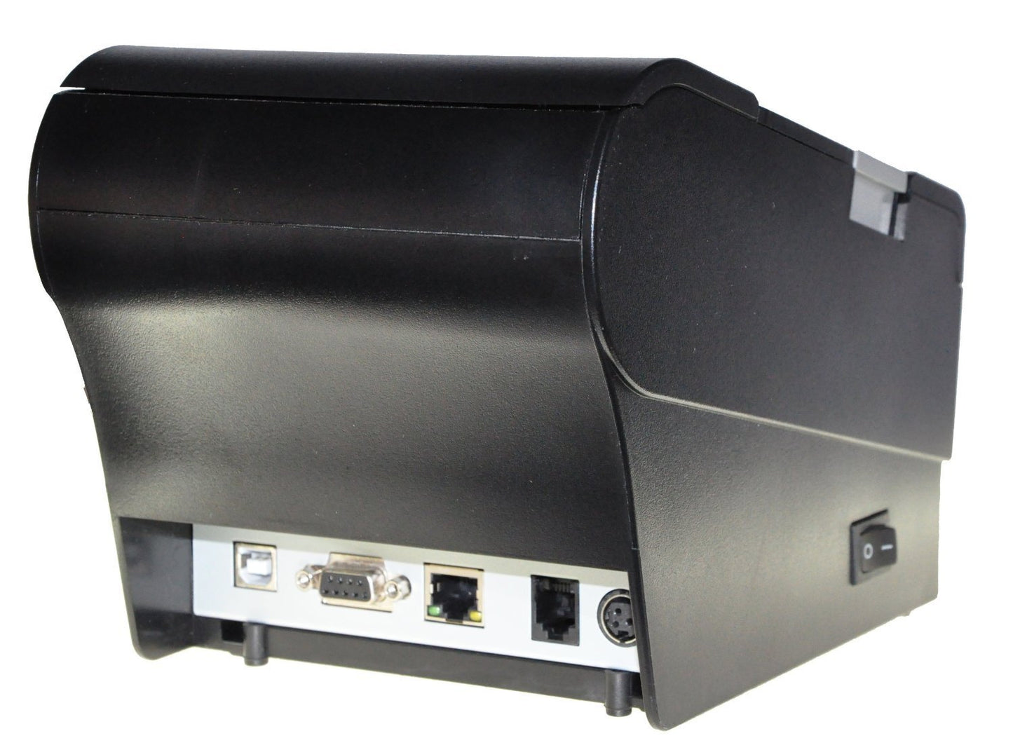 The EOM-POS Windows-Compatible POS Hardware Bundle features a black receipt printer with USB, serial, Ethernet, and power ports on the back—perfect for Windows POS setups. The right side shows the power switch. Includes cash drawer.
