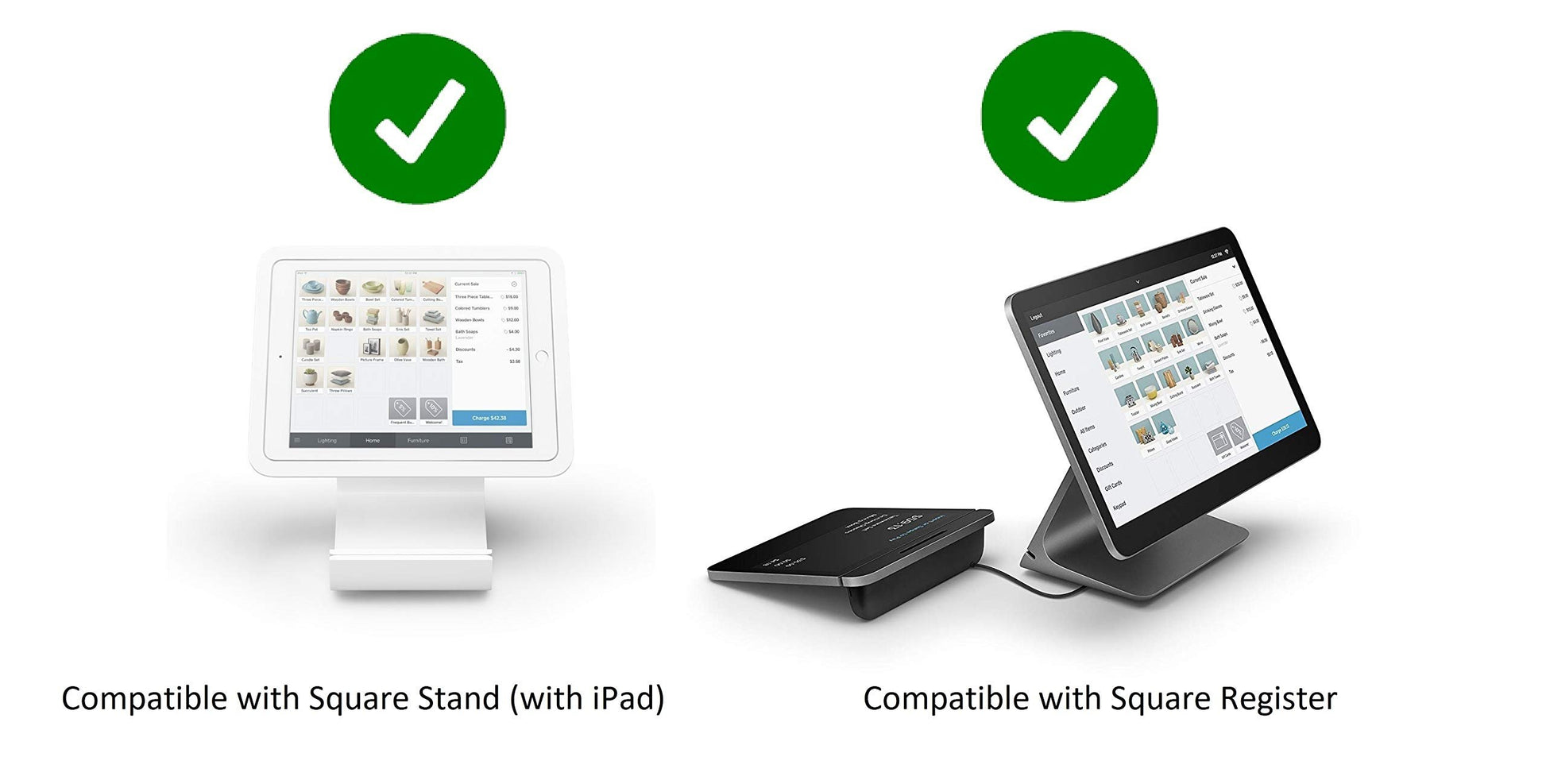Two POS setups: Left shows an iPad with Square Stand using a USB interface; right shows a Square Register. Both have green check marks, indicating compatibility with the Epson Thermal Receipt Printer for Square POS. Text labels describe each device.
