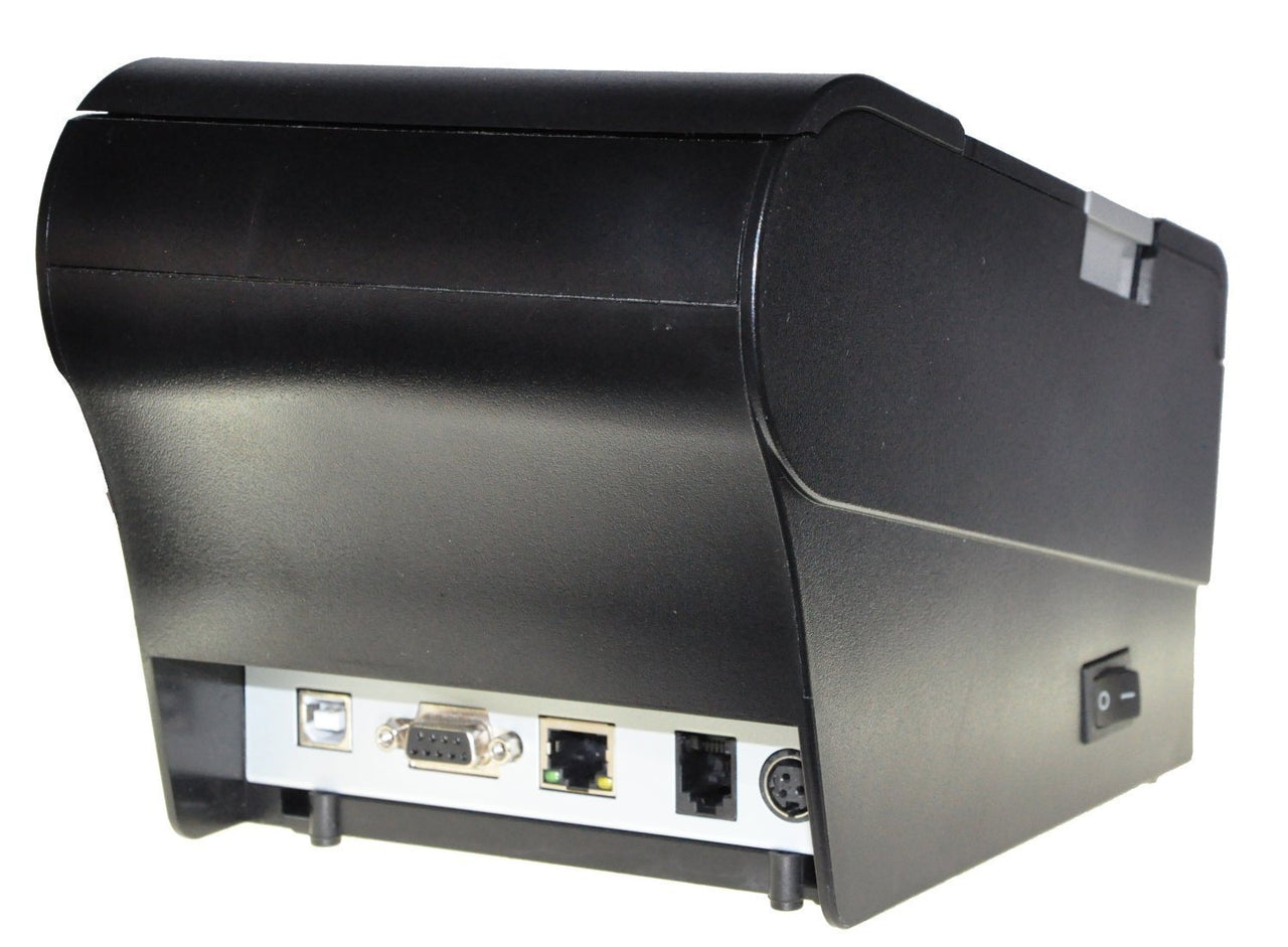 The EOM-POS Thermal Receipt Printer – Ethernet, USB, Serial -For Windows-Based POS is shown from the back, displaying multiple ports (USB, serial, Ethernet, power) and a side power switch—ideal for POS systems.
