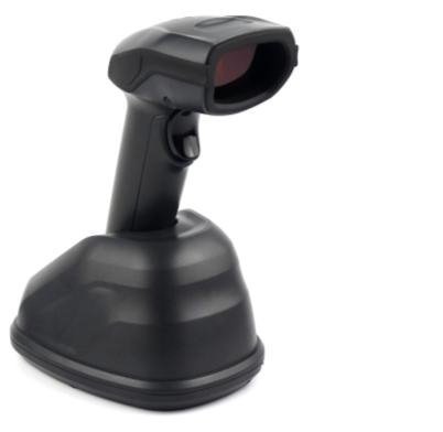 The EOM-POS Wireless 1D Barcode Scanner, compatible with Windows, Mac, and Clover, features a black cordless design with a trigger and rests on its charging base, shown isolated on a white background.