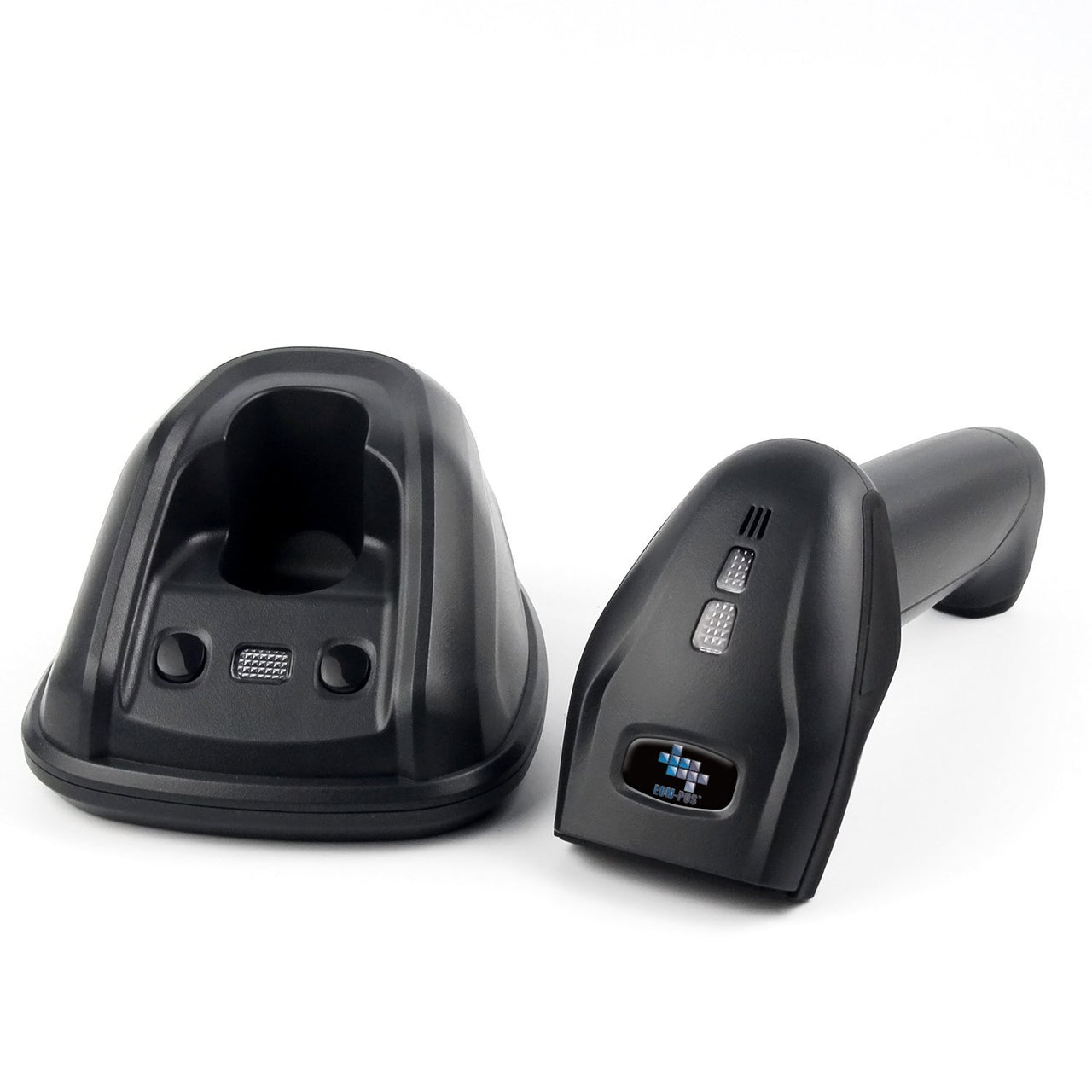 The EOM-POS Wireless 1D Barcode Scanner for Windows, Mac, and Clover is shown with its charging base on a white background. The scanner includes a small display screen and buttons; the base has an indented slot for docking.