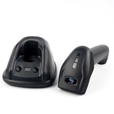 The EOM-POS Wireless 1D Barcode Scanner for Windows, Mac, and Clover is shown with its charging base on a white background. The scanner includes a small display screen and buttons; the base has an indented slot for docking.