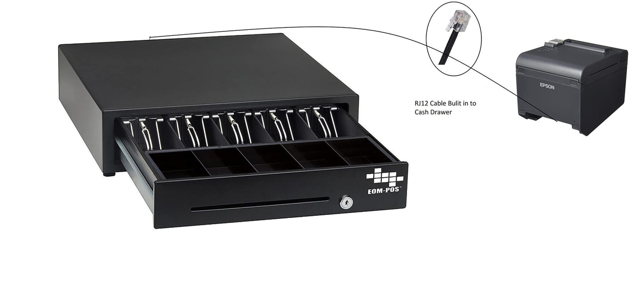 The EOM-POS POS Hardware Bundle features an open cash drawer with bill and coin slots, connected by RJ12 to a USB receipt printer, making it perfect for Square Register or Stand setups.