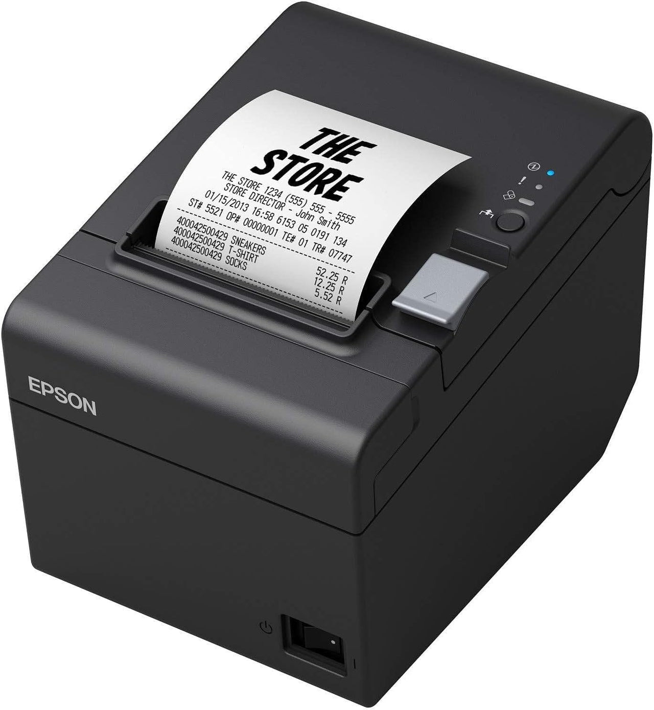 An Epson Thermal Receipt Printer for Square Register and Square Stand with USB interface prints receipts displaying THE STORE and transaction details. It has top buttons, indicator lights, and is ideal for Square Register setups.