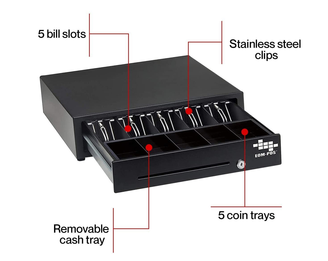 An open black EOM-POS cash drawer from the POS Hardware Bundle for Square Register/Stand shows 5 bill slots with stainless steel clips, 5 coin trays, a removable tray label, key lock, and EOM-POS logo on the front.