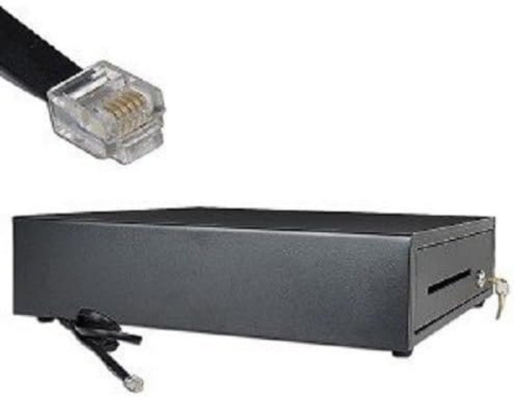 The EOM-POS POS Cash Drawer – Compatible with Clover is shown in black with a key lock, cable, and an RJ11 connector plug.