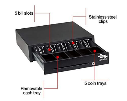 The EOM-POS Windows-Compatible POS Hardware Bundle features a black cash drawer with 5 bill slots (stainless steel clips), 5 coin trays, a labeled removable tray, and an EOM-POS logo on the front.