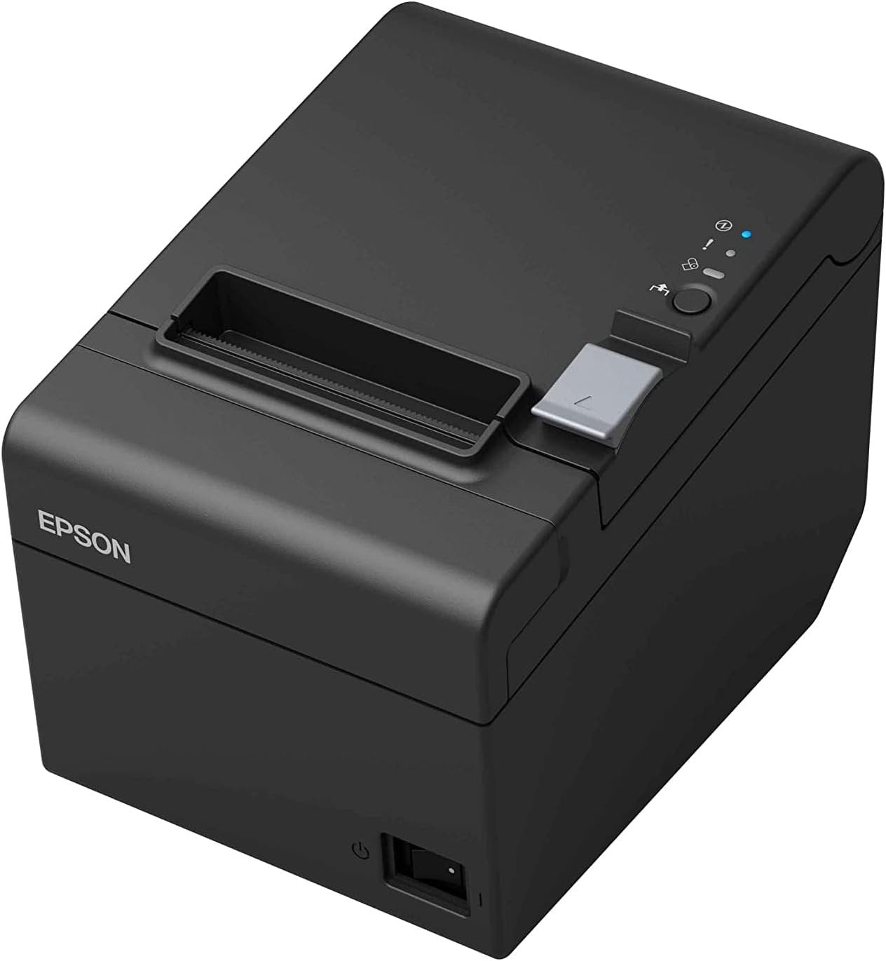 A black Epson Thermal Receipt Printer for Square Register and Square Stand, featuring a top-loading paper slot, USB interface, control buttons, indicator lights, and power switch, shown from the front.