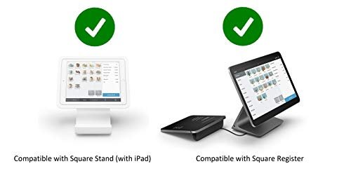Shown side by side are a Square Stand with iPad and a Square Register, each marked compatible with the Symbol Barcode Scanner for Square.