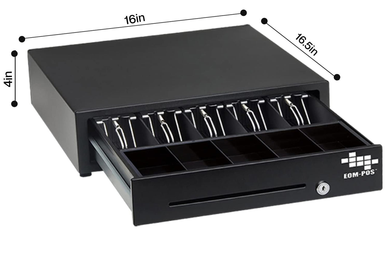 A black EOM-POS cash drawer from the POS Hardware Bundle (for Square Register/Stand) is open to show adjustable bill and coin slots. Dimensions: 16