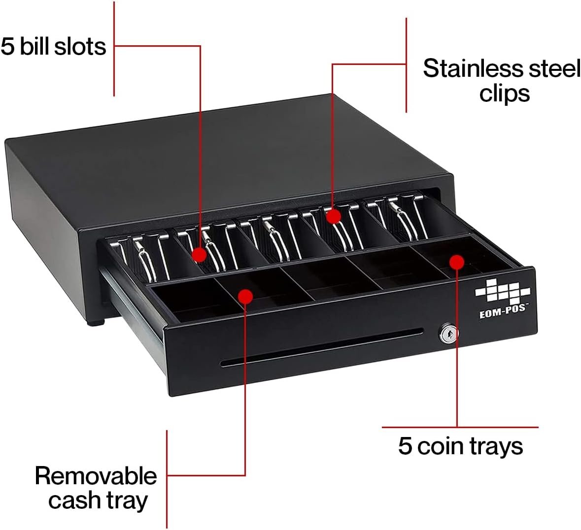The EOM-POS POS Cash Drawer – Compatible with Clover features 5 bill slots, stainless steel clips, 5 coin trays, and a removable cash tray. Shown partially open to display compartments inside—perfect for POS setups.