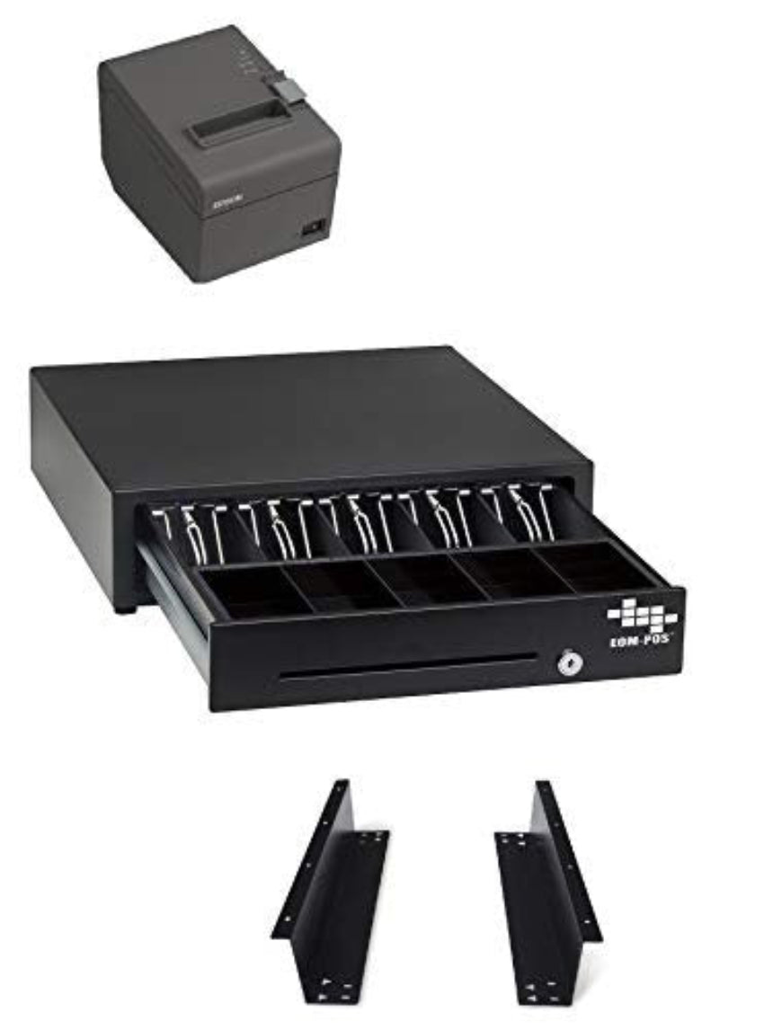 The EOM-POS POS Hardware Bundle for Square Register/Stand, featuring a black EOM-100 cash drawer with open trays, USB receipt printer, and two metal mounting brackets, is displayed on a white background.