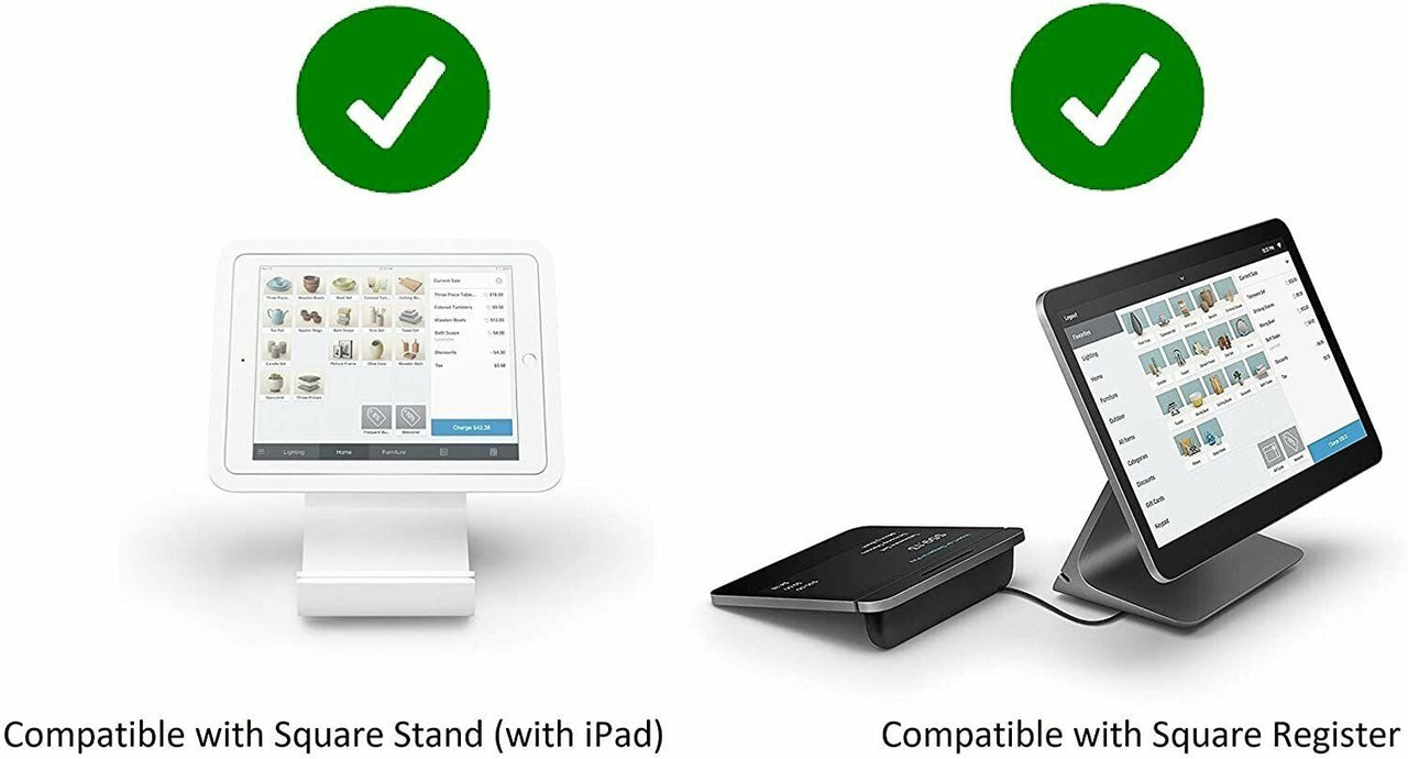 Two POS devices with green check marks: left, Square Stand with iPad; right, Square Register. Text: Compatible with EOM-POS POS Hardware Bundle—Receipt Printer and Cash Drawer for Square Register/Stand.