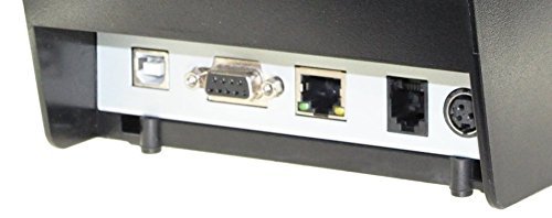 The image shows the back panel of the EOM-POS Windows-Compatible POS Hardware Bundle's receipt printer, featuring USB-B, 9-pin serial, Ethernet, RJ-11, and round DIN power ports for integration with cash drawers and POS systems.