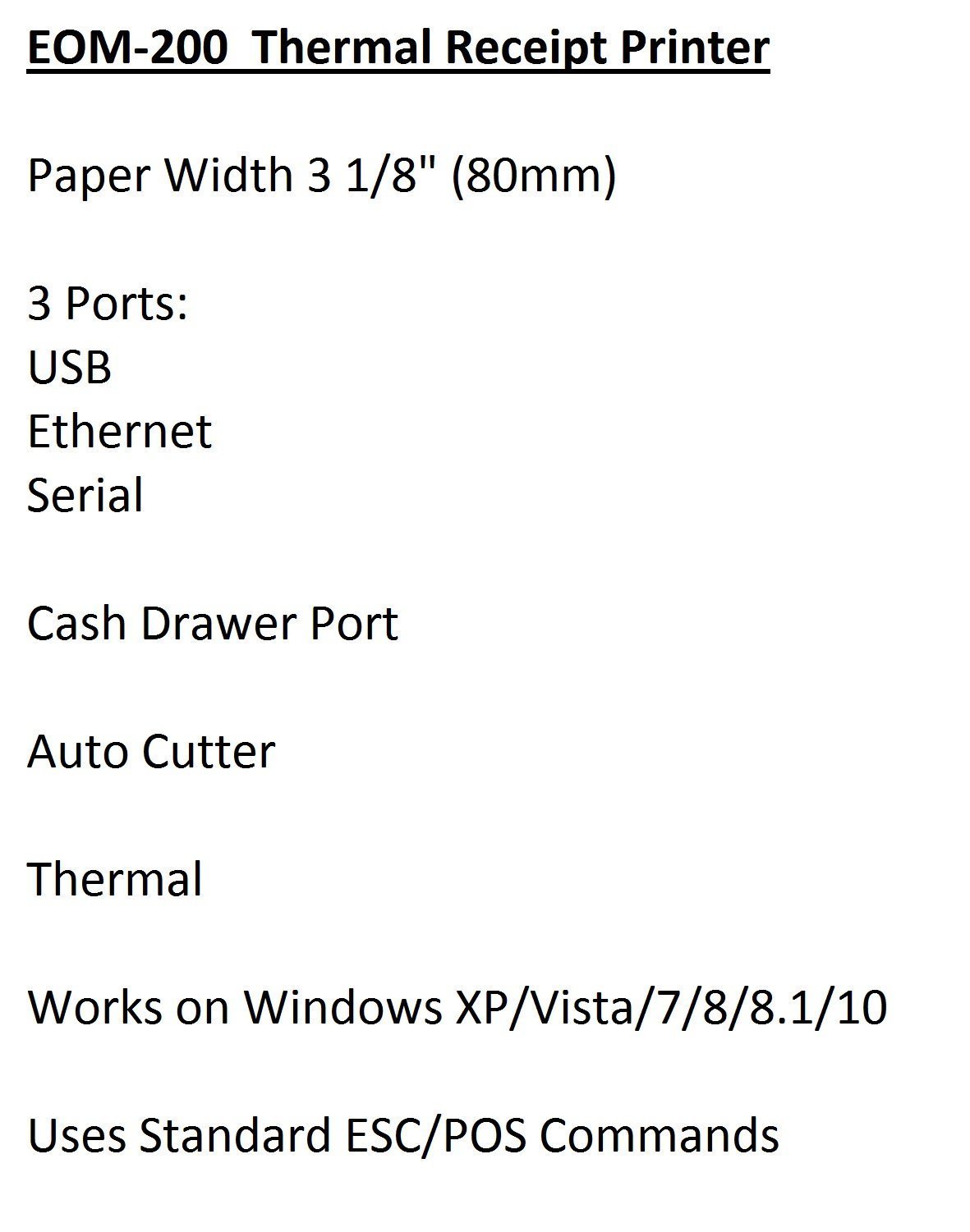 The EOM-POS Thermal Receipt Printer – Ethernet, USB, Serial offers reliable thermal printing with auto-cutter and cash drawer port. Compatible with Windows and ESC/POS commands, it easily integrates into any POS system.