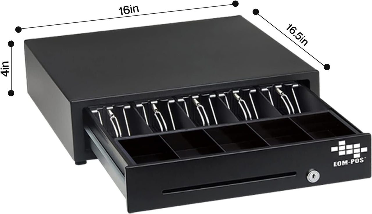 The EOM-POS POS Cash Drawer – Compatible with Clover features a lock and key slot, open front with bill/coin compartments, and measures 16