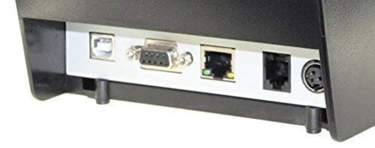Close-up of the back panel of the EOM-POS Thermal Receipt Printer – Ethernet, USB, Serial – For Windows-Based POS, showing ports for USB-B, serial, Ethernet, power connector, and a round port for peripherals or auto-cutter.