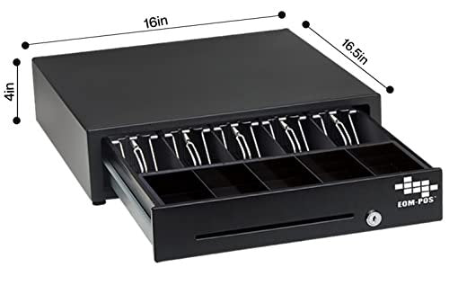 The EOM-POS Windows-Compatible POS Hardware Bundle includes a black cash drawer with 5 bill and 5 coin slots, measuring 16"W x 16.5"D x 4"H, ideal for any Windows POS system or thermal receipt printer.