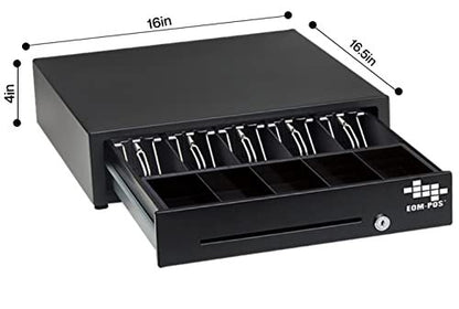 The EOM-POS Windows-Compatible POS Hardware Bundle includes a black cash drawer with 5 bill and 5 coin slots, measuring 16"W x 16.5"D x 4"H, ideal for any Windows POS system or thermal receipt printer.