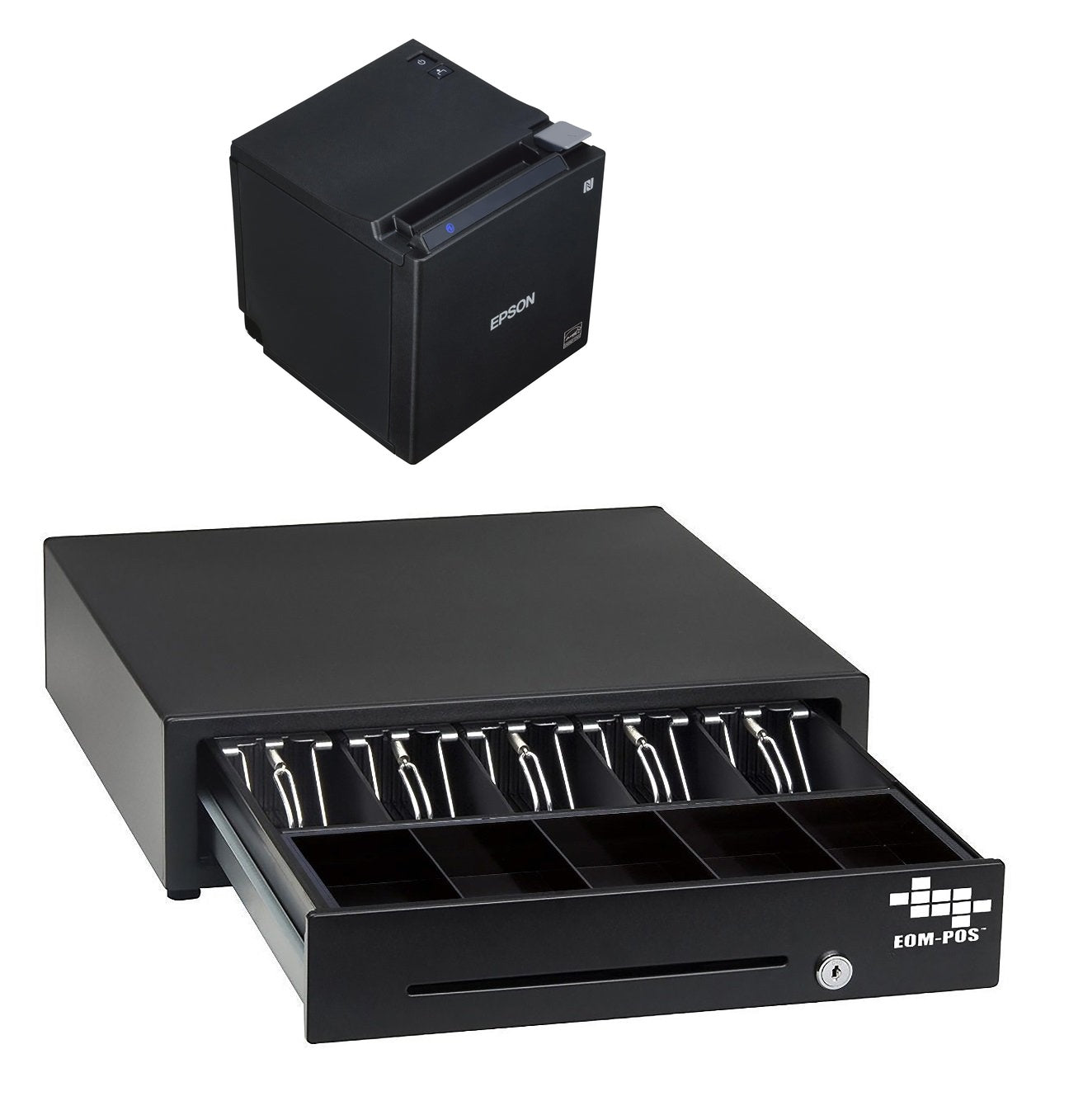 An open EOM-POS Shopify-Compatible POS Hardware Bundle cash drawer with multiple bill and coin slots is in the foreground, while a compact black Bluetooth receipt printer is in the background—ideal for smooth Shopify POS transactions.