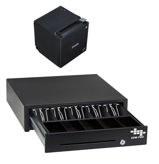An open EOM-POS Shopify-Compatible POS Hardware Bundle cash drawer with multiple bill and coin slots is in the foreground, while a compact black Bluetooth receipt printer is in the background—ideal for smooth Shopify POS transactions.