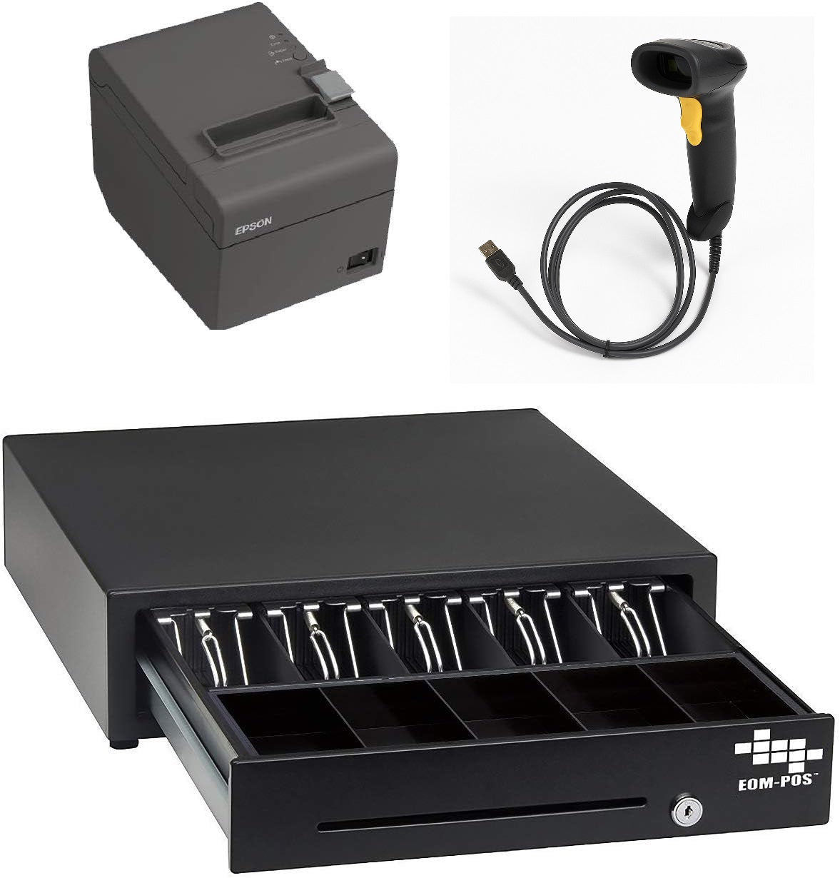 The EOM-POS Square-Compatible POS Hardware Bundle—including a cash drawer, USB receipt printer, and optional barcode scanner—is displayed against a white background.
